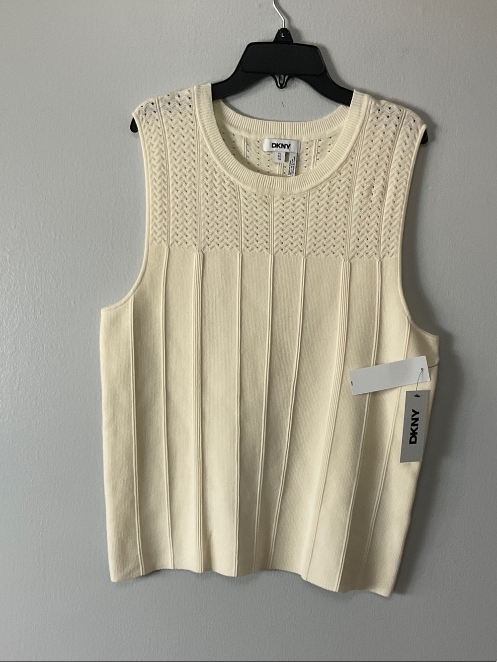 NWT DKNY Ivory Sleeveless Pointelle Ribbed Knit Sweater Vest Top XL MSRP 69